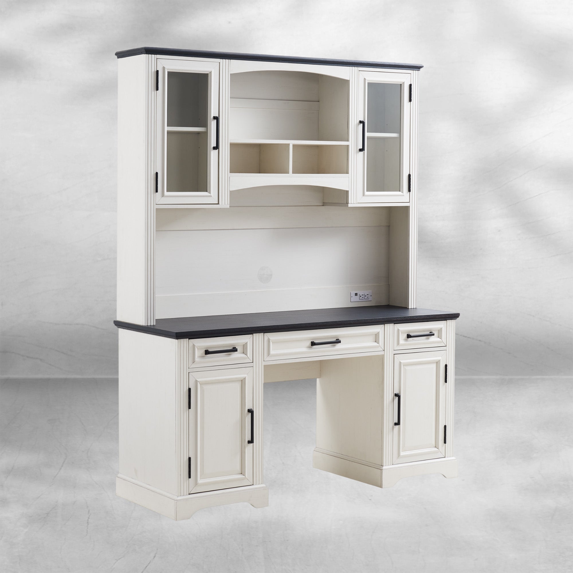 Farmhouse Computer Desk with Hutch, Charging Station and Storage 58''