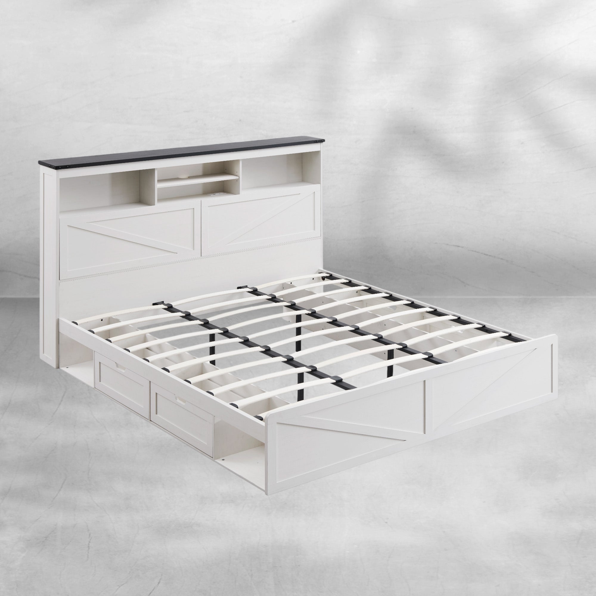 Farmhouse King Bed Frame with Storage Headboard, Drawers & LED