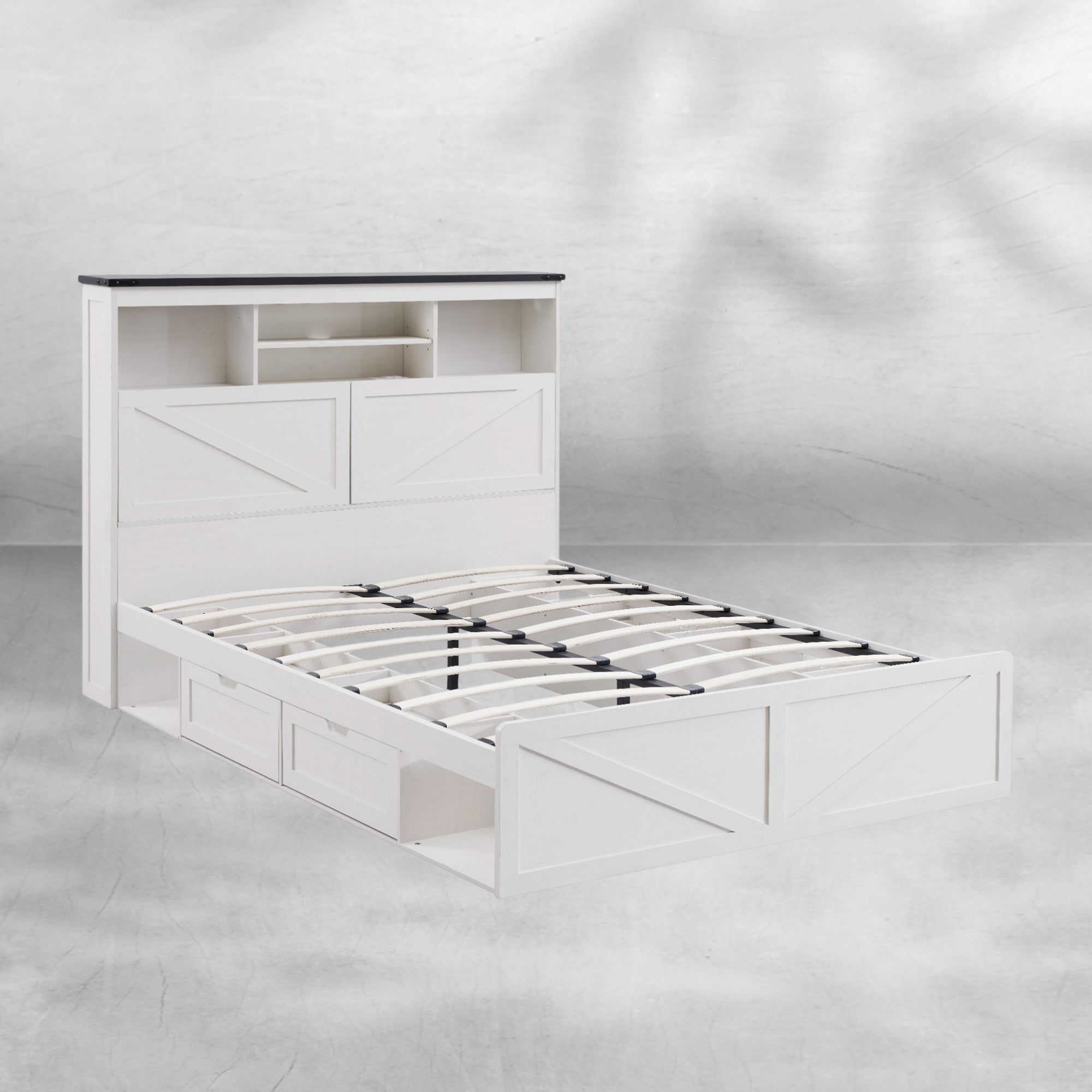 Farmhouse Queen Bed Frame with Headboard, USB Ports and Drawers