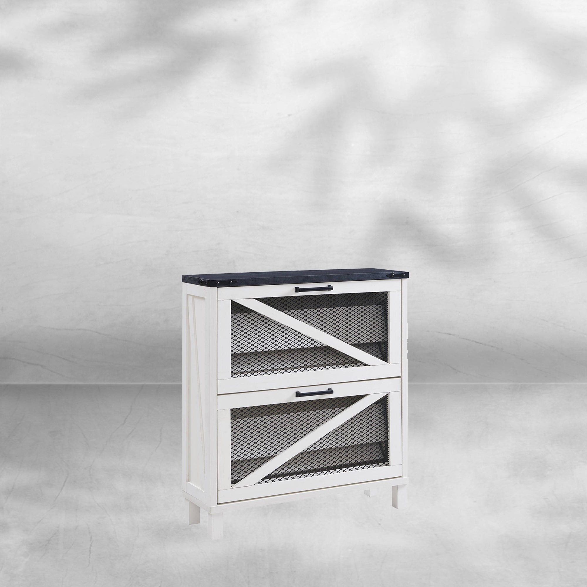 Farmhouse Shoe Cabinet with Flip Drawers and Mesh Doors