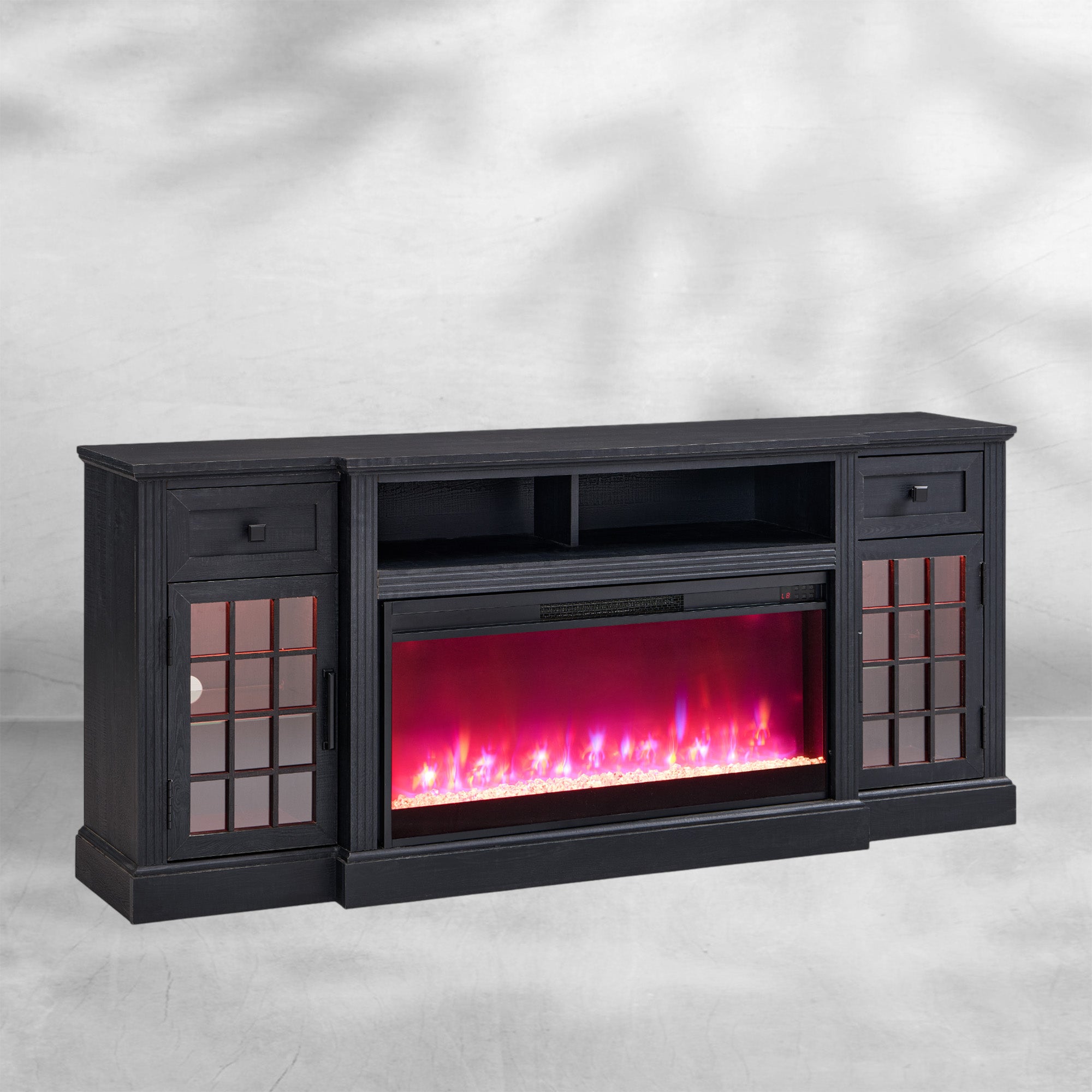 Farmhouse Highboy Entertainment Center with LED Lights and Electric Fireplace