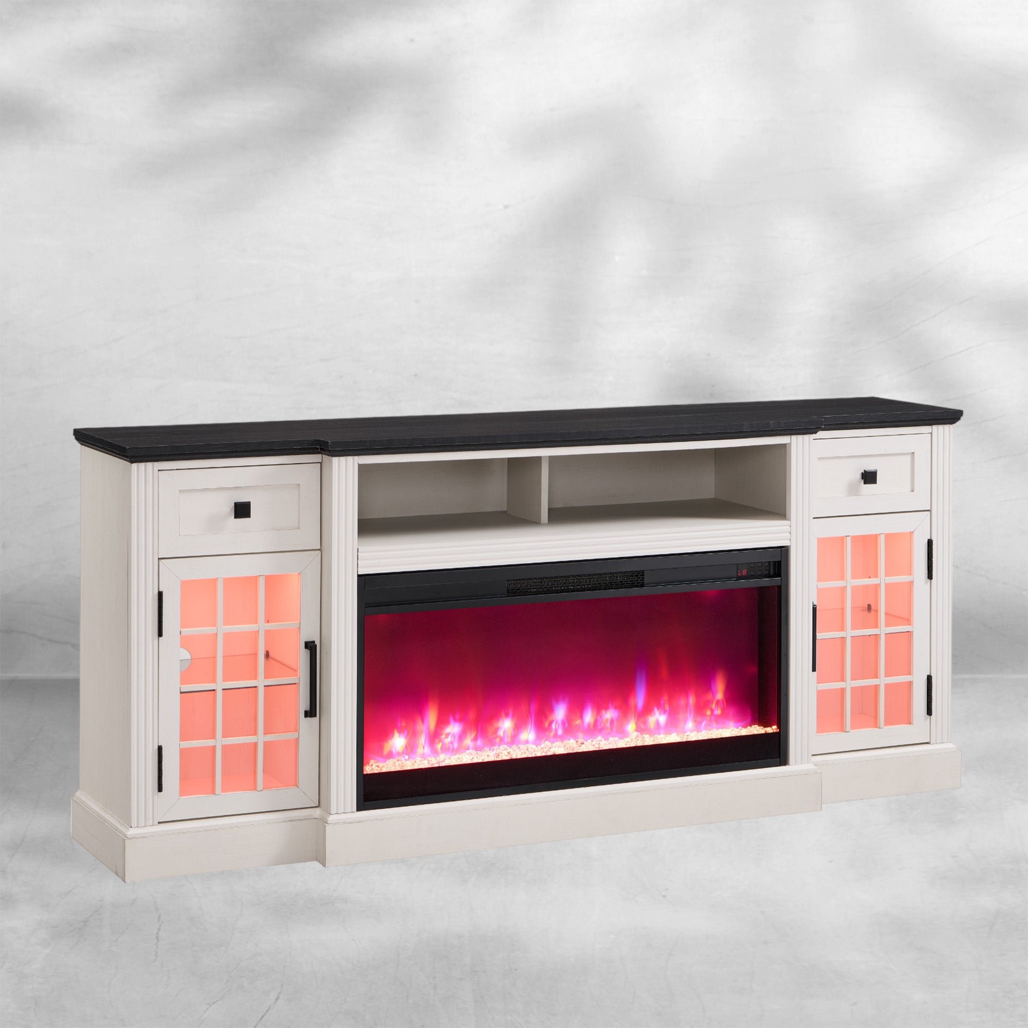 Farmhouse Highboy Entertainment Center with LED Lights and Electric Fireplace