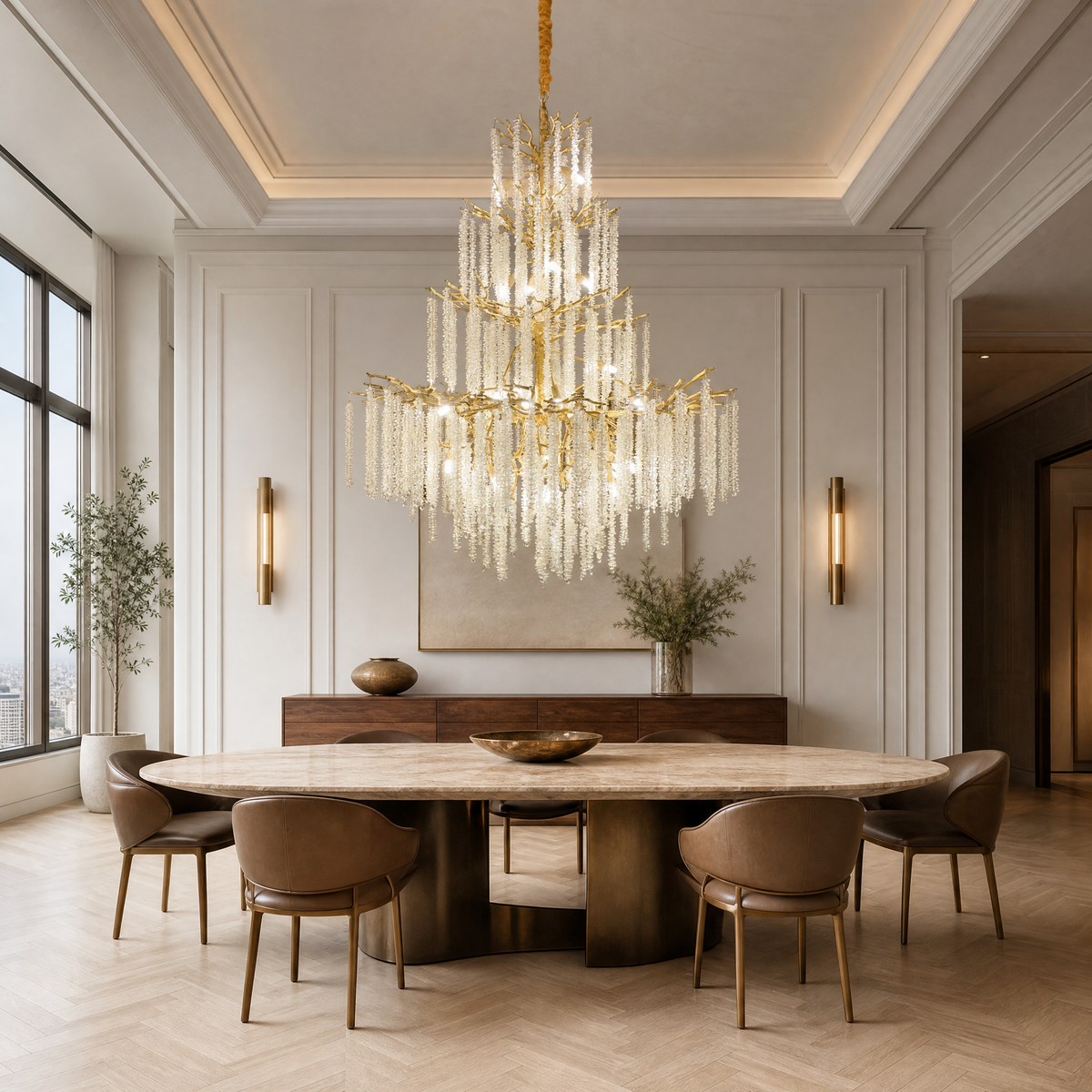 A large, multi-tiered chandelier with a gold branch-like frame and long strands of cascading crystal droplets.