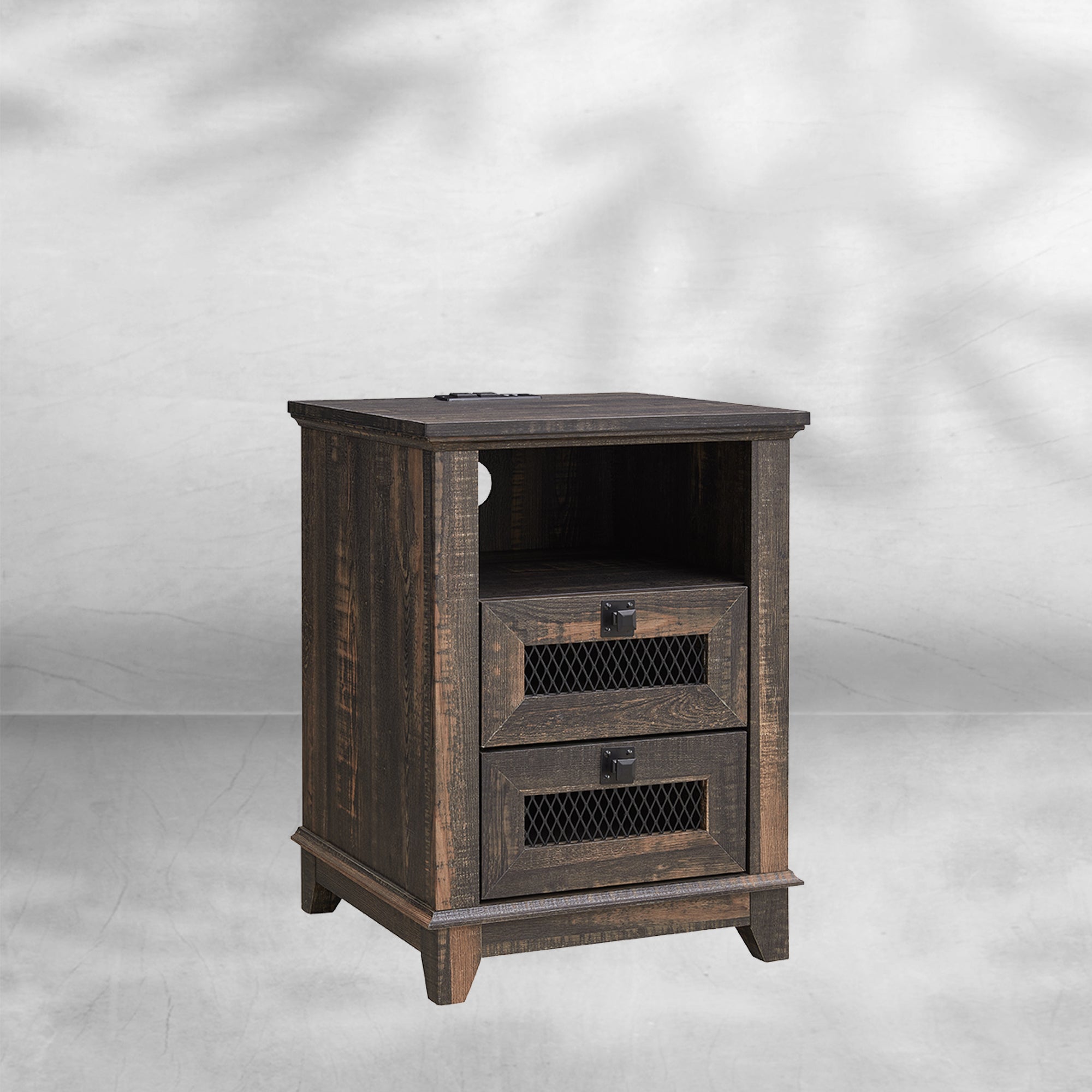 Industrial Nightstand with Charging Station, Rustic Farmhouse End Table