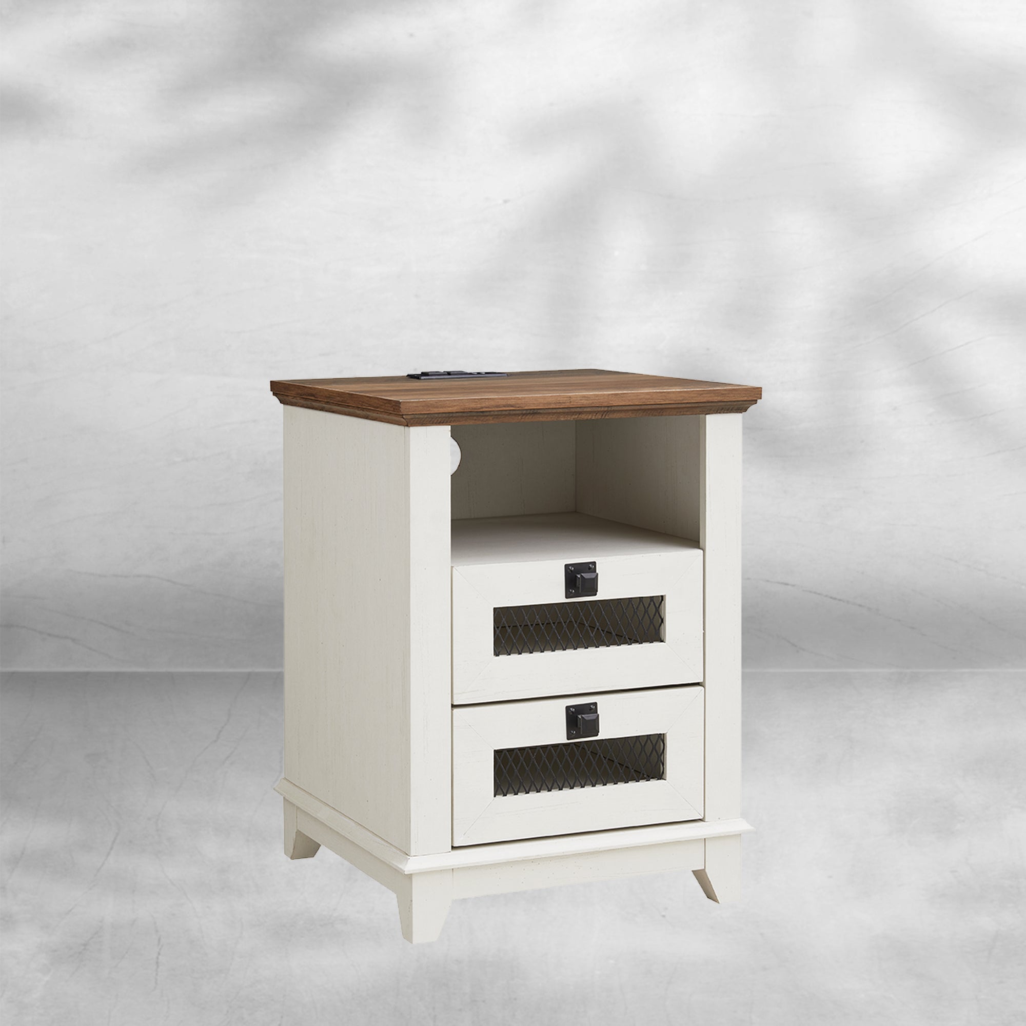 Industrial Nightstand with Charging Station, Rustic Farmhouse End Table