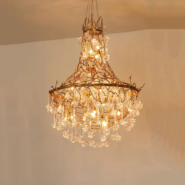 Modern Crystal Drop Brass Branch Chandelier