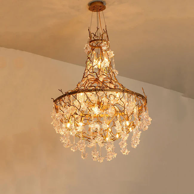 Modern Crystal Drop Brass Branch Chandelier