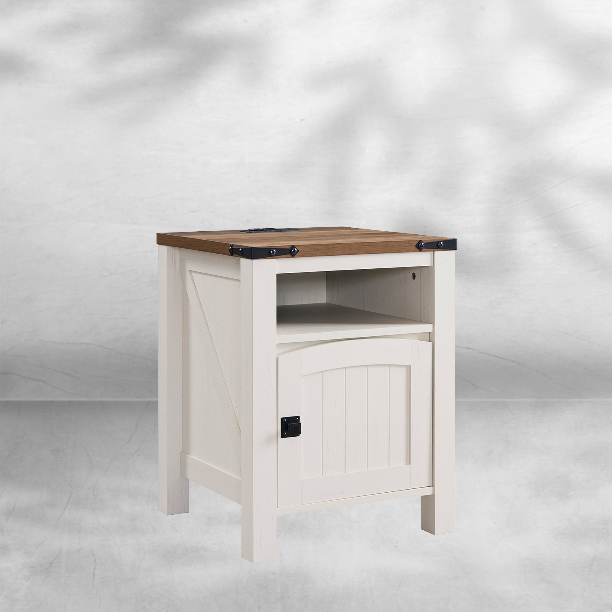 Farmhouse Nightstand with Charging Station Rustic End Table
