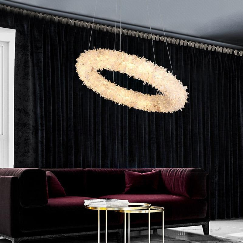 Kandace Rock Crystal Round Modern Chandelier Over Coffee Tabel