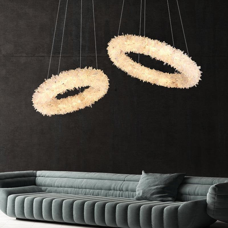 Kandace Rock Crystal Round Modern Chandelier Over Coffee Tabel