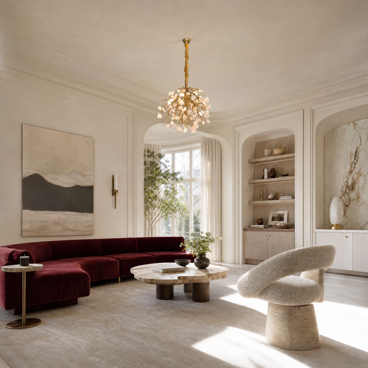 A modern branch chandelier with a textured gold finish features suspended raw rose quartz crystals casting a warm glow.