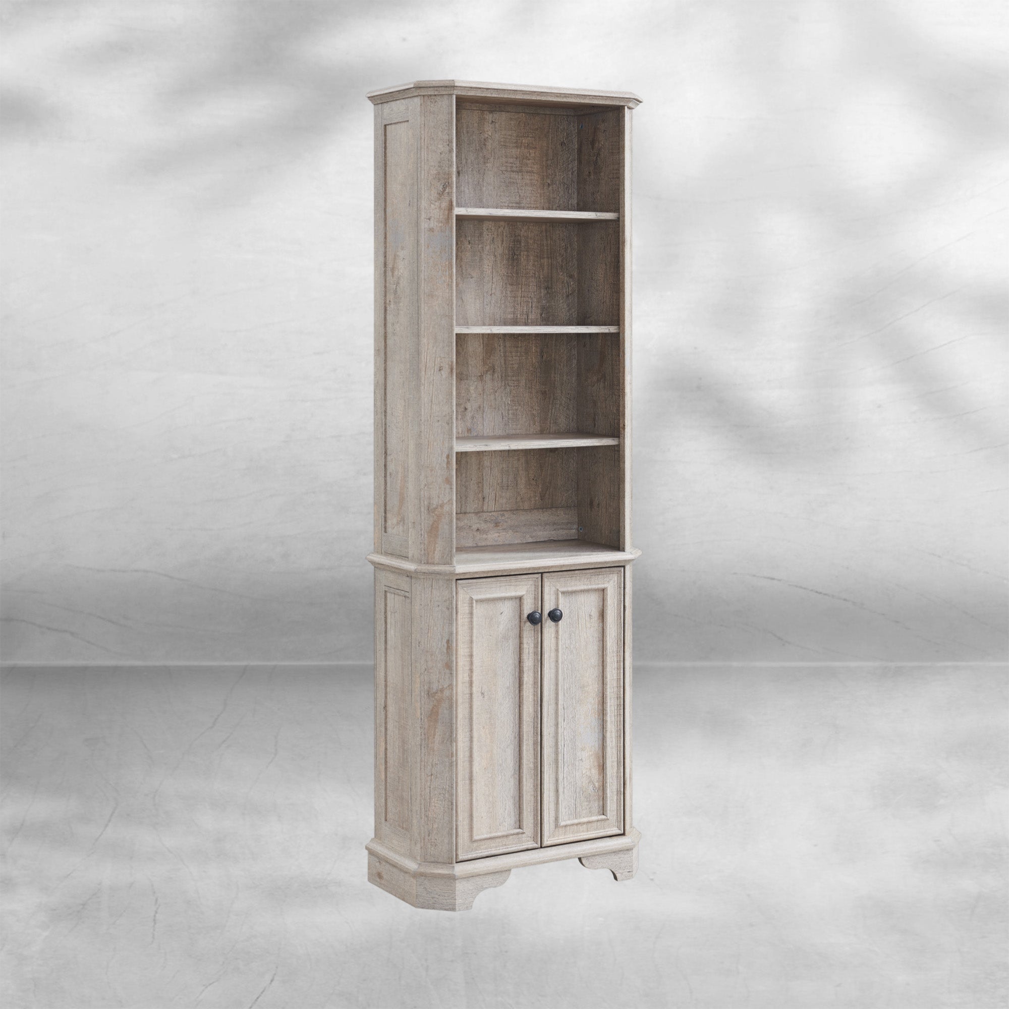 Rustic Oak 6-Tier Bookshelf with Doors and Adjustable Shelves