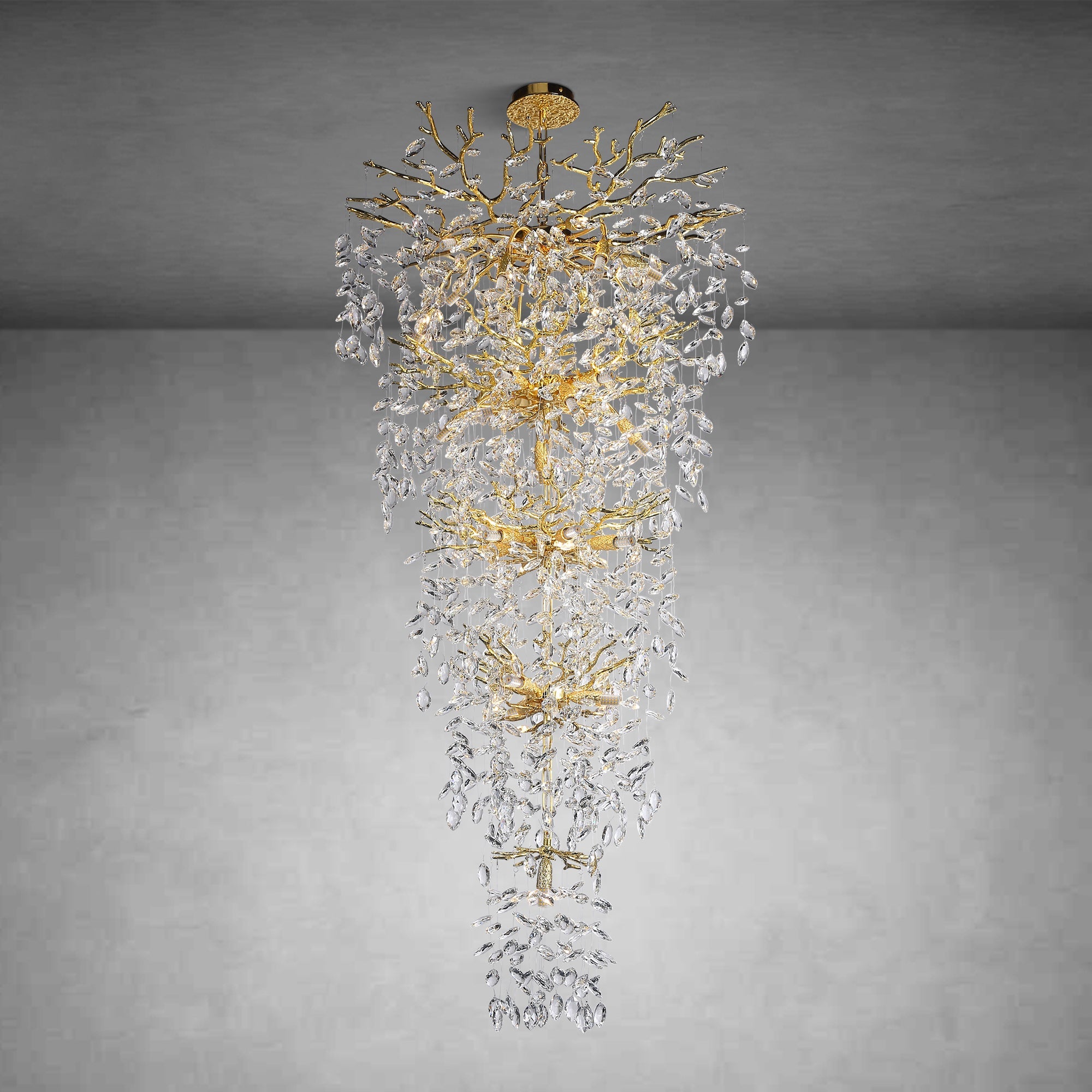 63-inch long crystal chandelier, 28-light modern gold branch chandelier