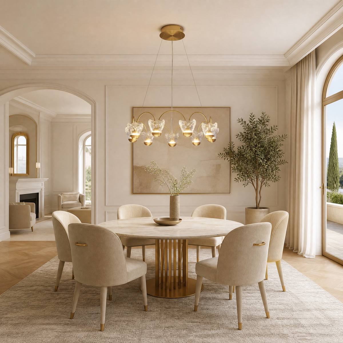 Contemporary Chandelier Dining Room in a living room