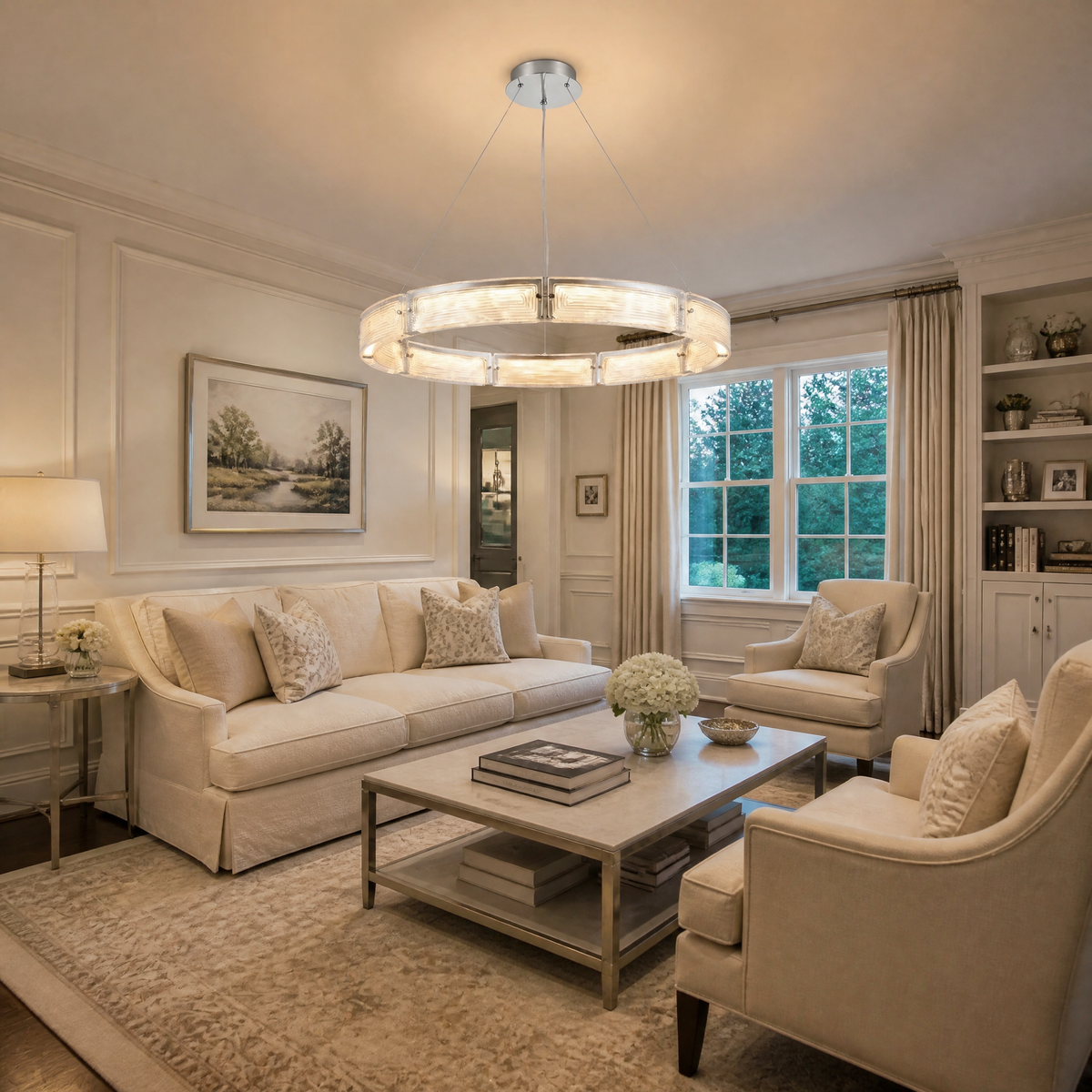 Glass Round Chandelier in a living room