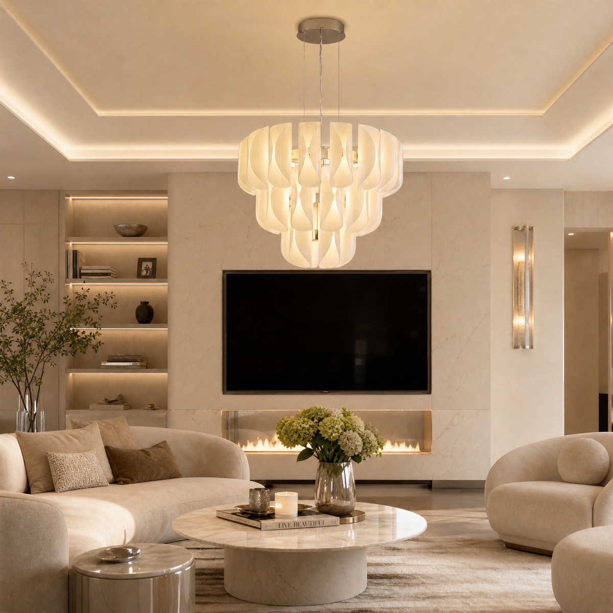 Modern Glass Chandelier in a primary bedroom