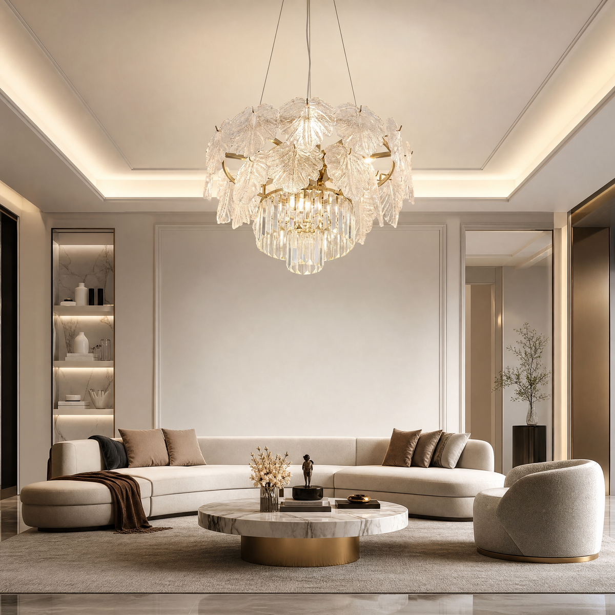 Detail of the sculpted metal, handcrafted glass, with champagne gold finish