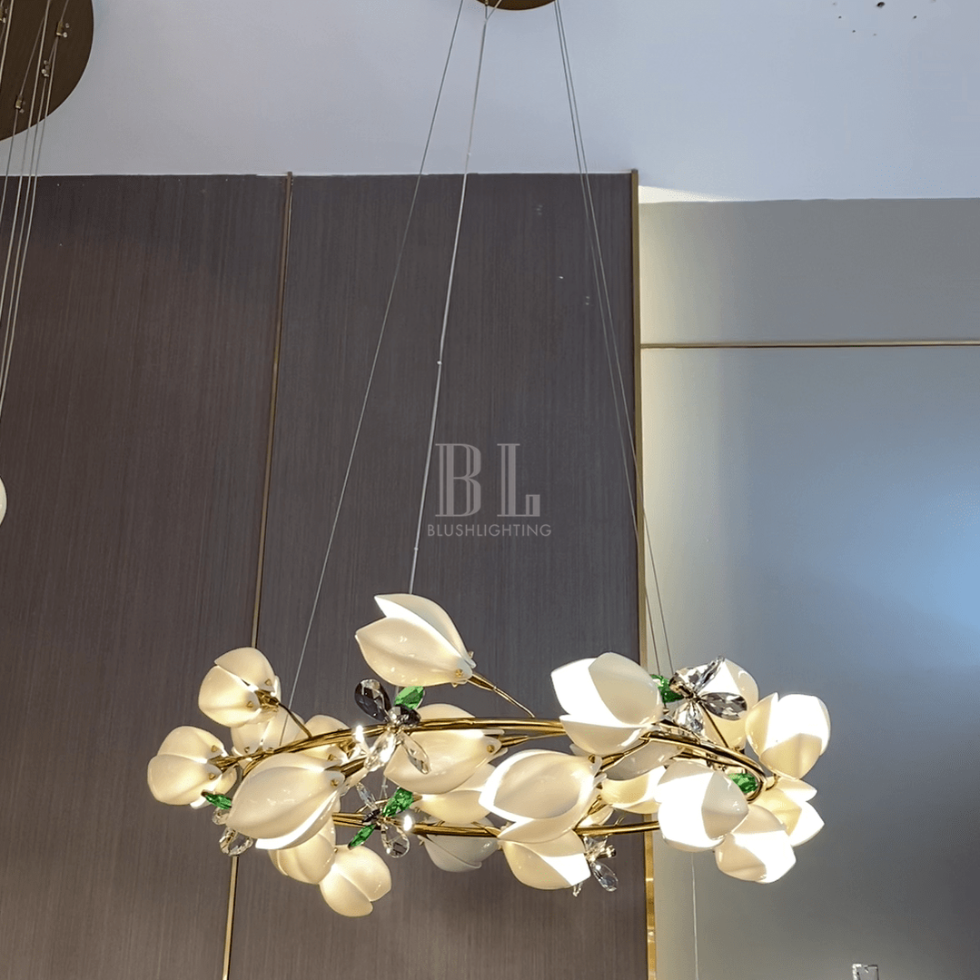 Art Design Creative Ceramic Magnolia Ring/Linear Chandelier for Bedroom/Living Room/Dining Room/Kitchen Island