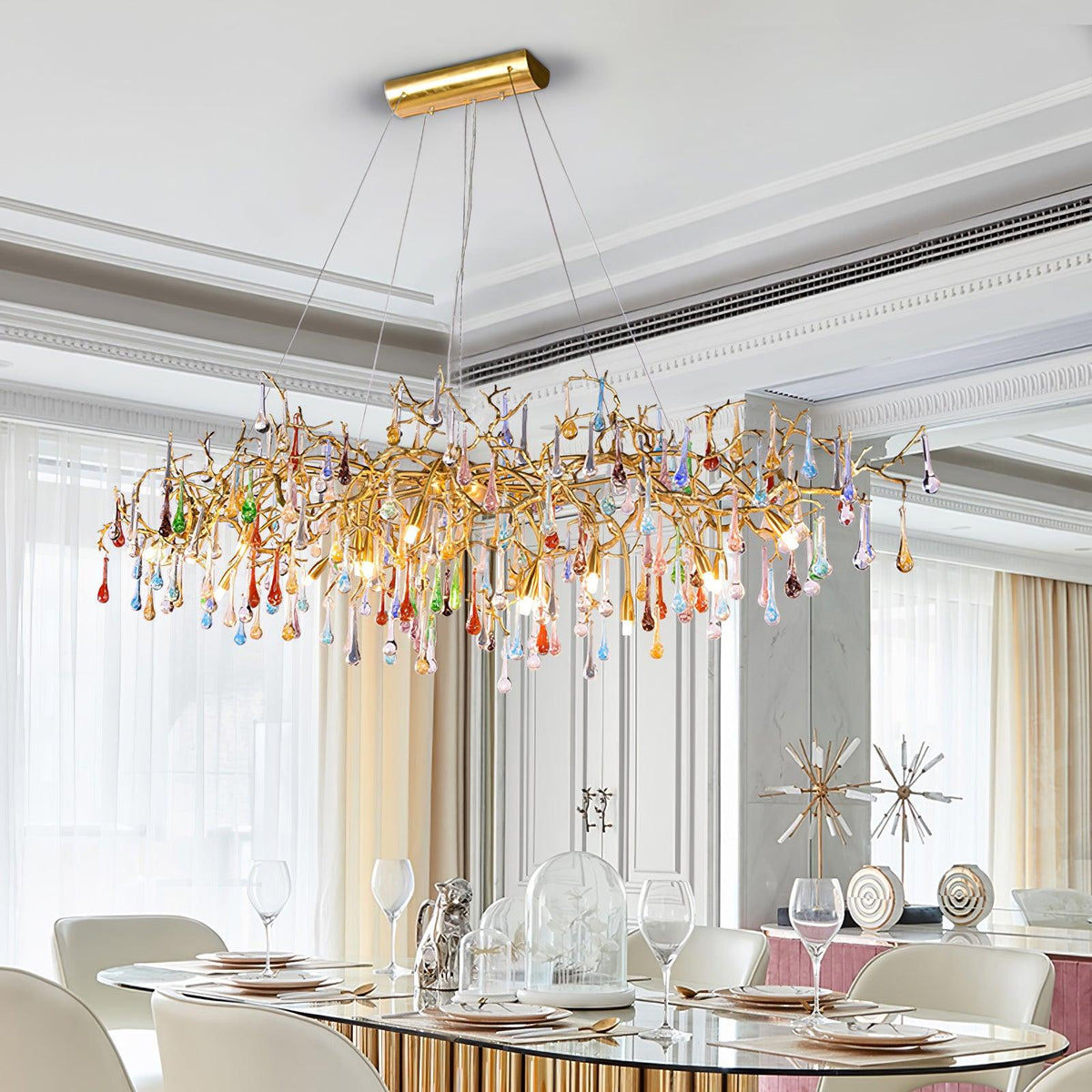 Colorful Raindrop Brass Branch Chandelier with Crystal Accents