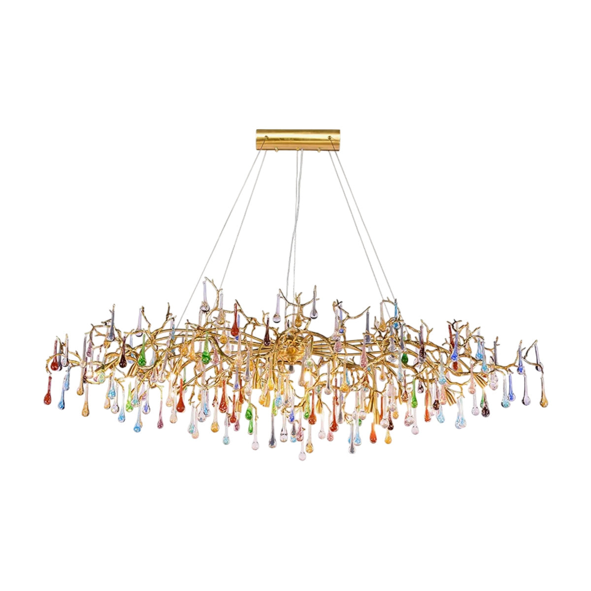 Colorful Raindrop Brass Branch Chandelier with Crystal Accents