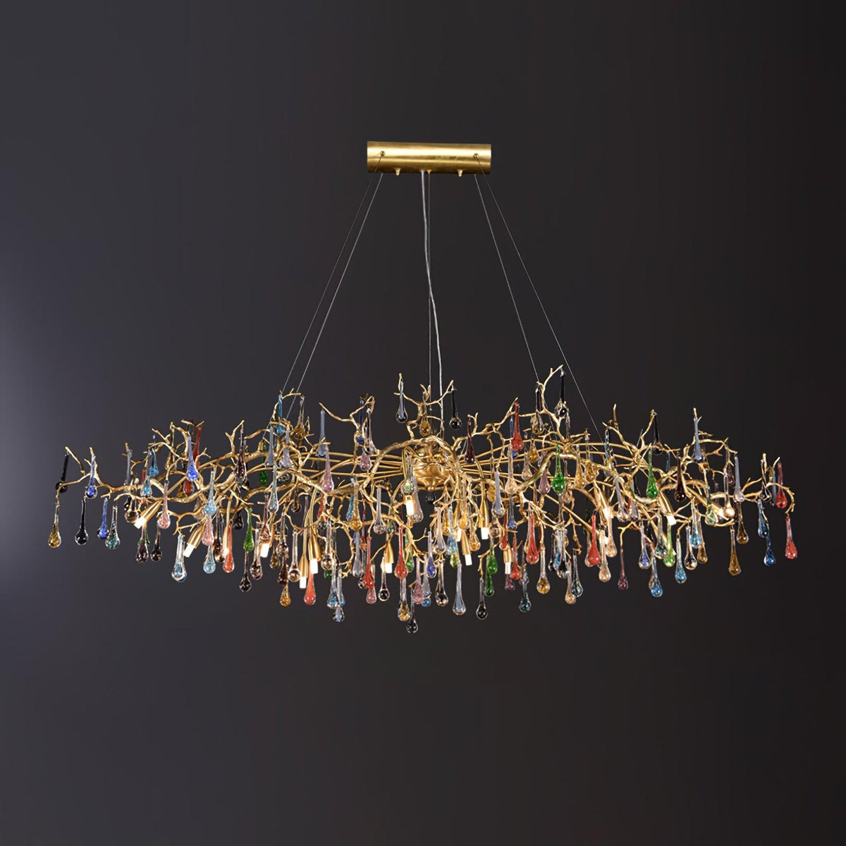 Colorful Raindrop Brass Branch Chandelier with Crystal Accents