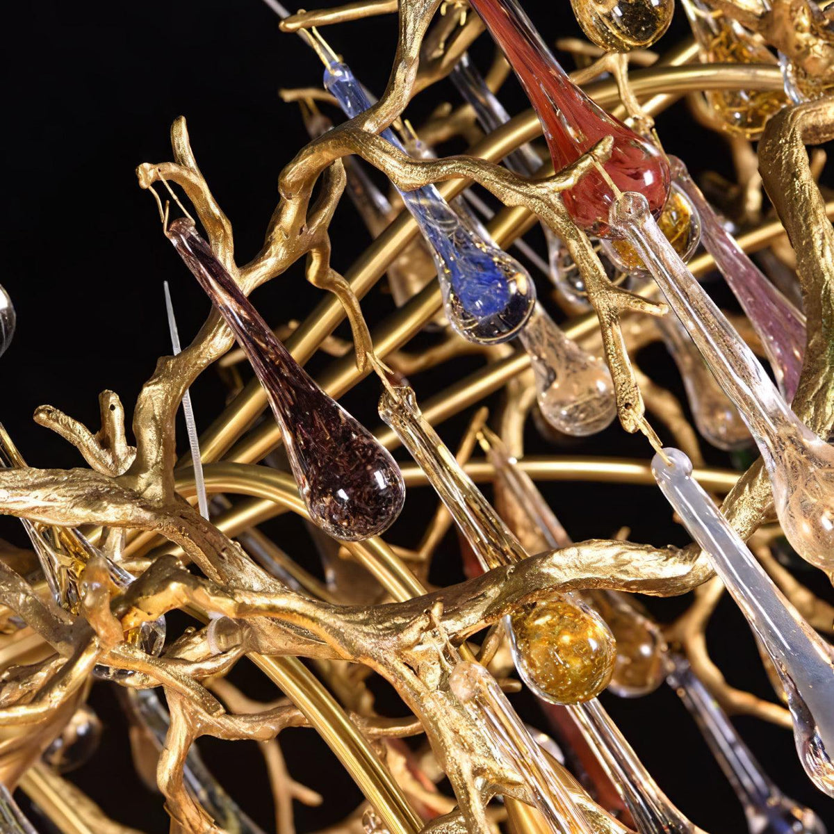 Colorful Raindrop Brass Branch Chandelier with Crystal Accents