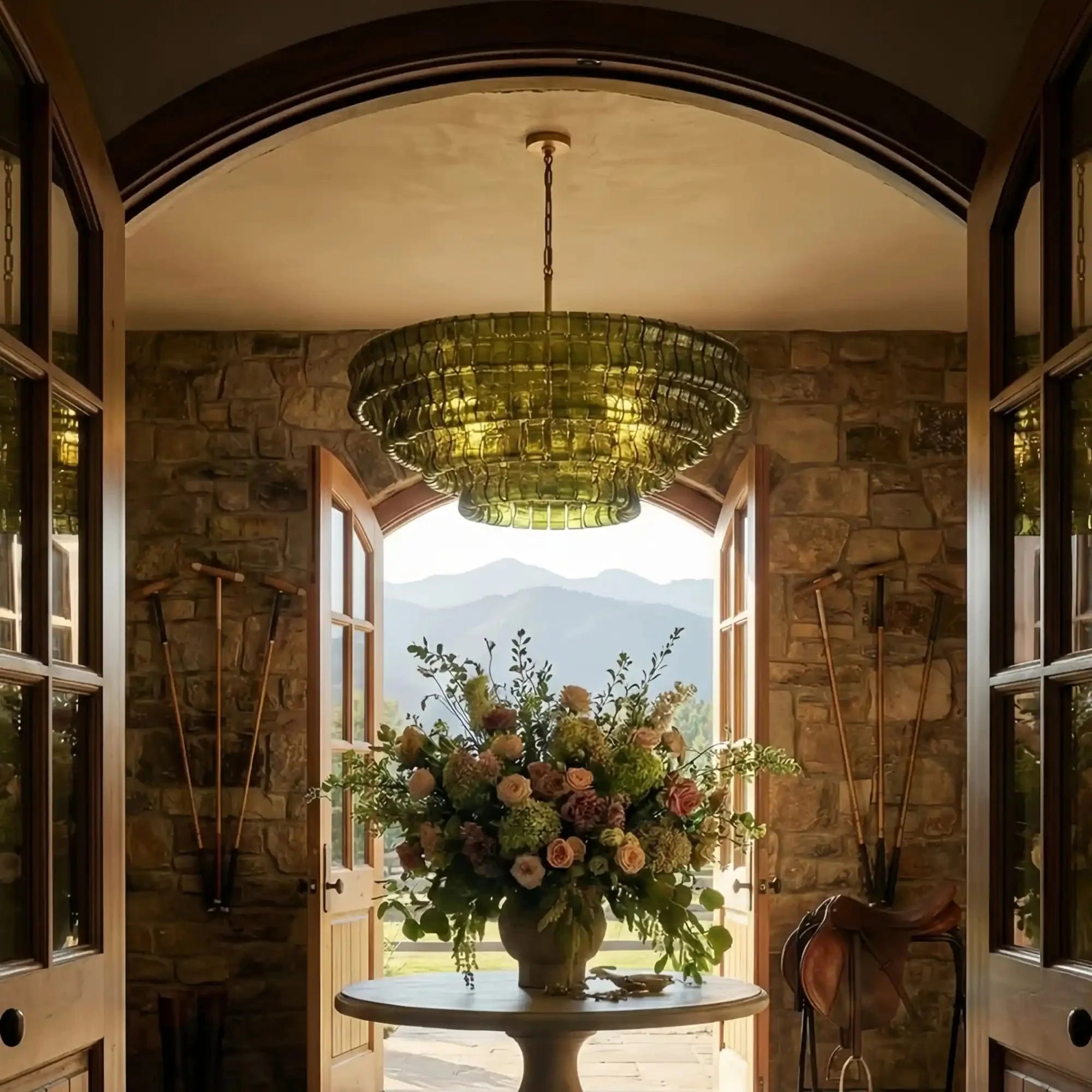 Ghiaccio Glass Round Chandelier 24" 36" 48" 60" - 3 - Tier 24"BronzeGreenBlushlighting