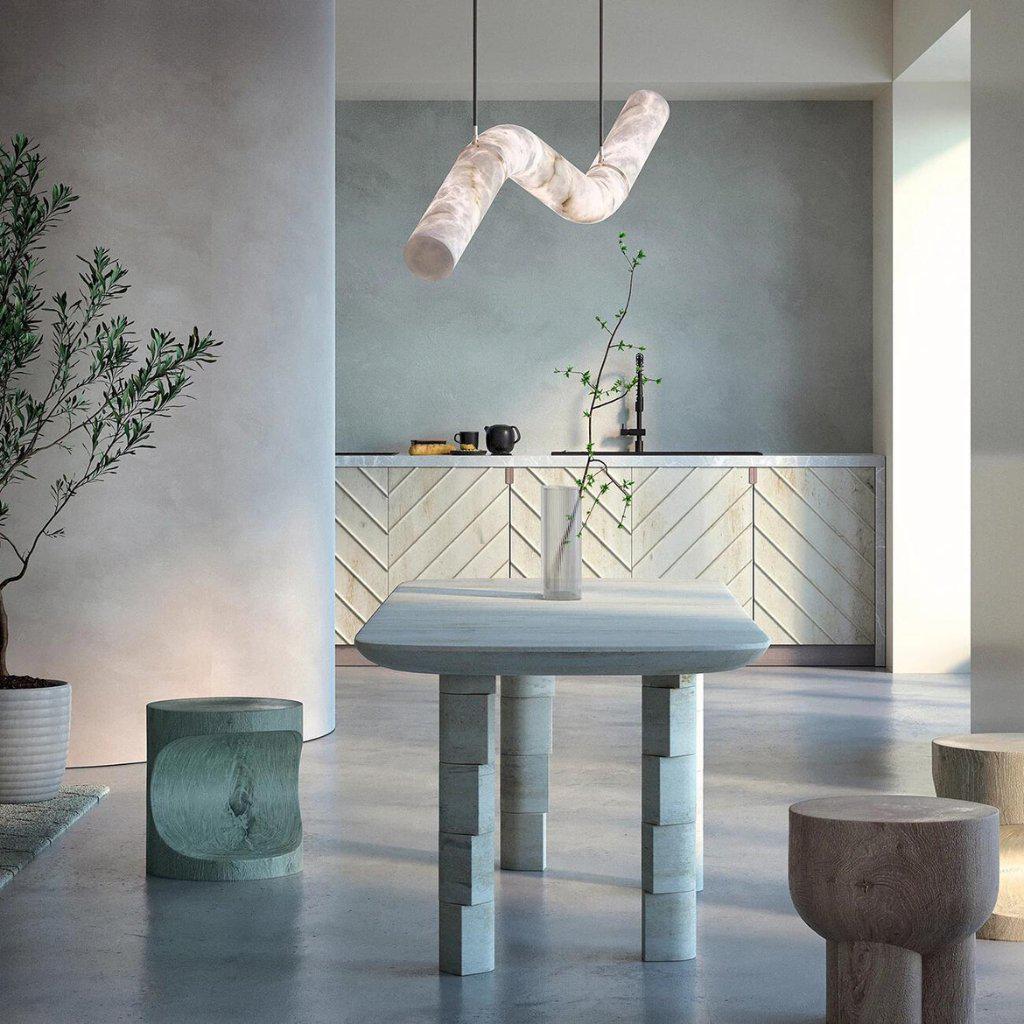 Liberty Curved Pendant Alabaster Chandelier, Pendant Light Over Dining Table