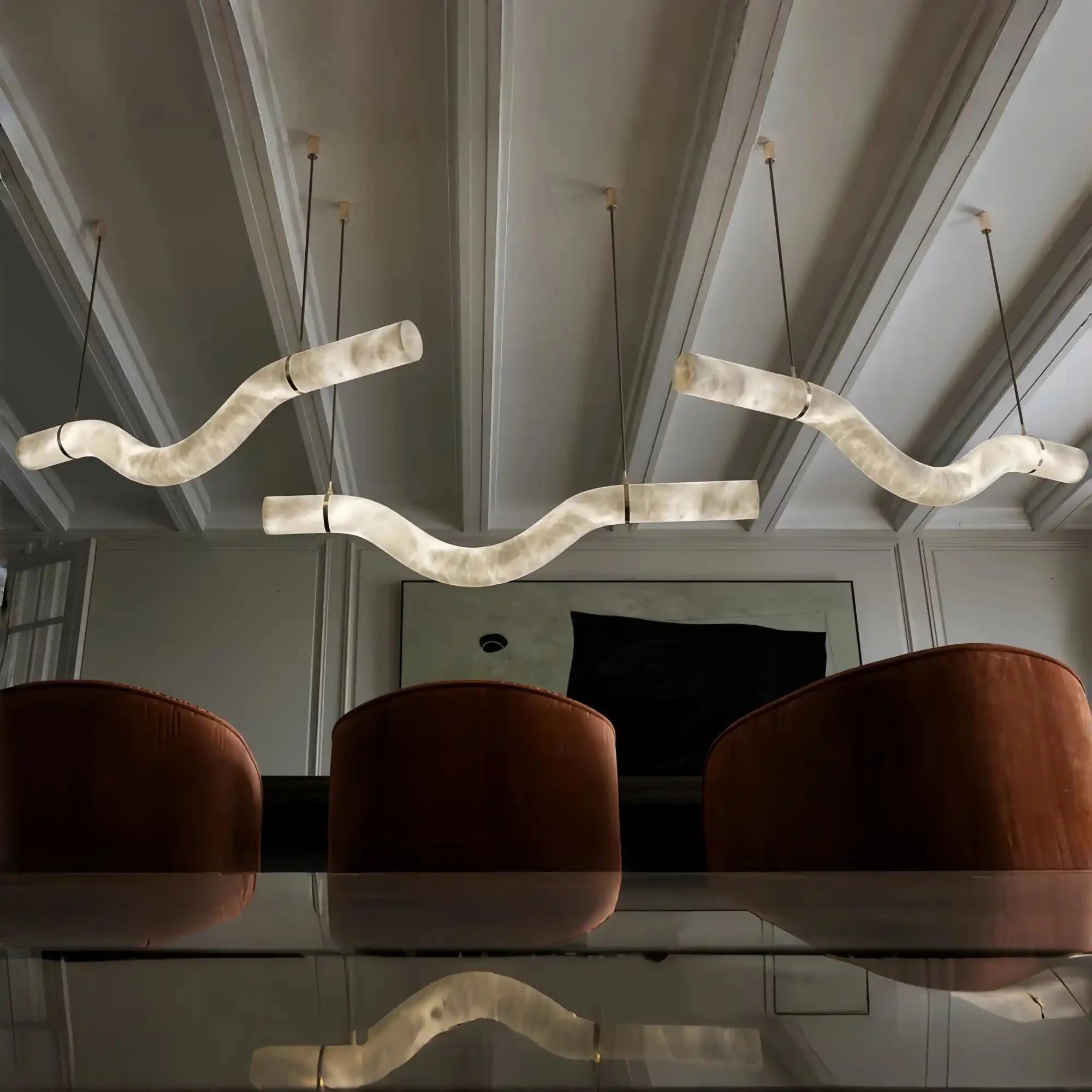Liberty Curved Pendant Alabaster Chandelier, Pendant Light Over Dining Table