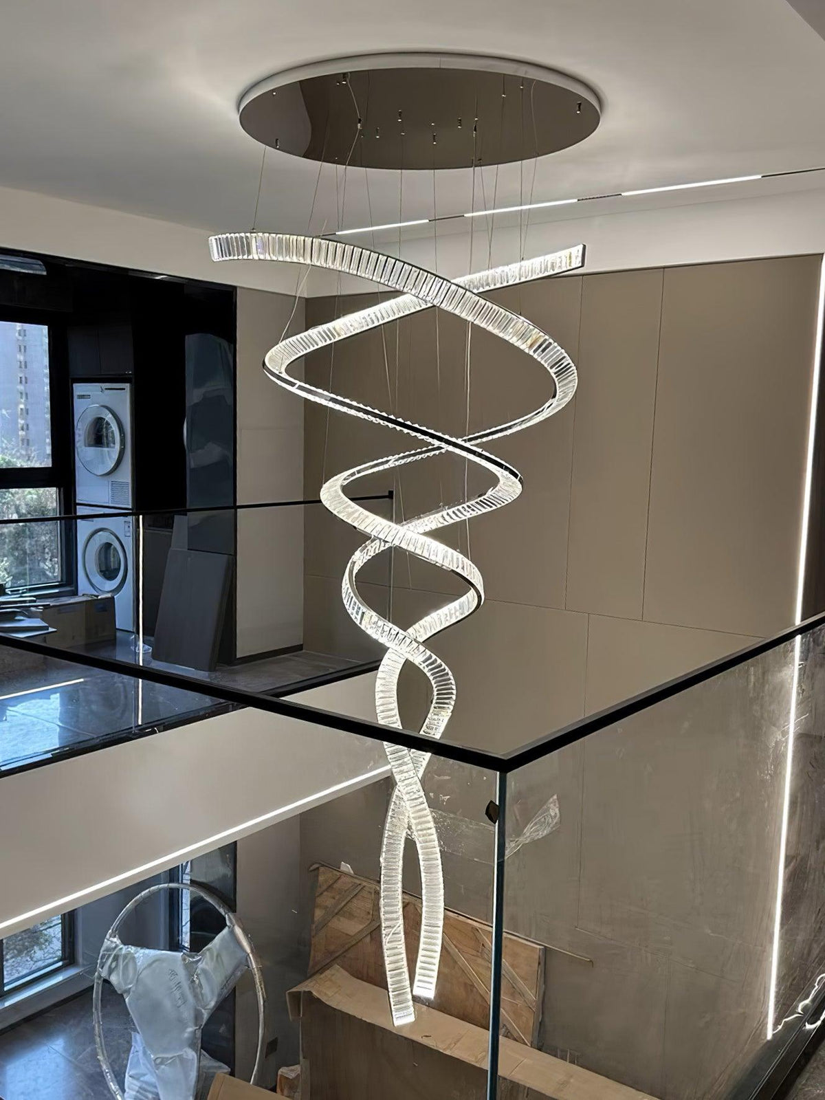 Elegant Long Spiral Crystal Chandelier with Stainless Steel Frame
