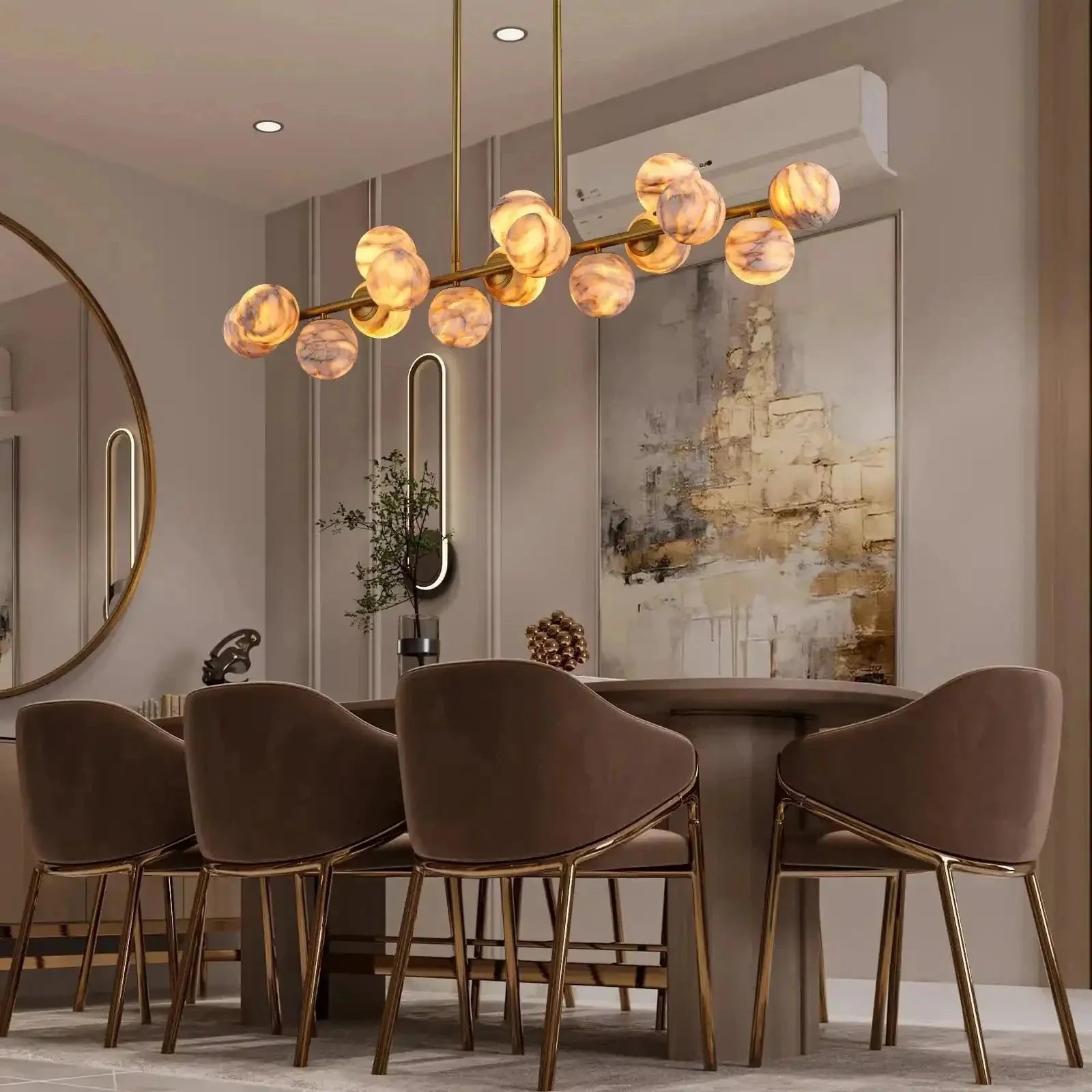 Mid Century Modern Sputnik 12 Light Gold Alabaster Globe Chandelier