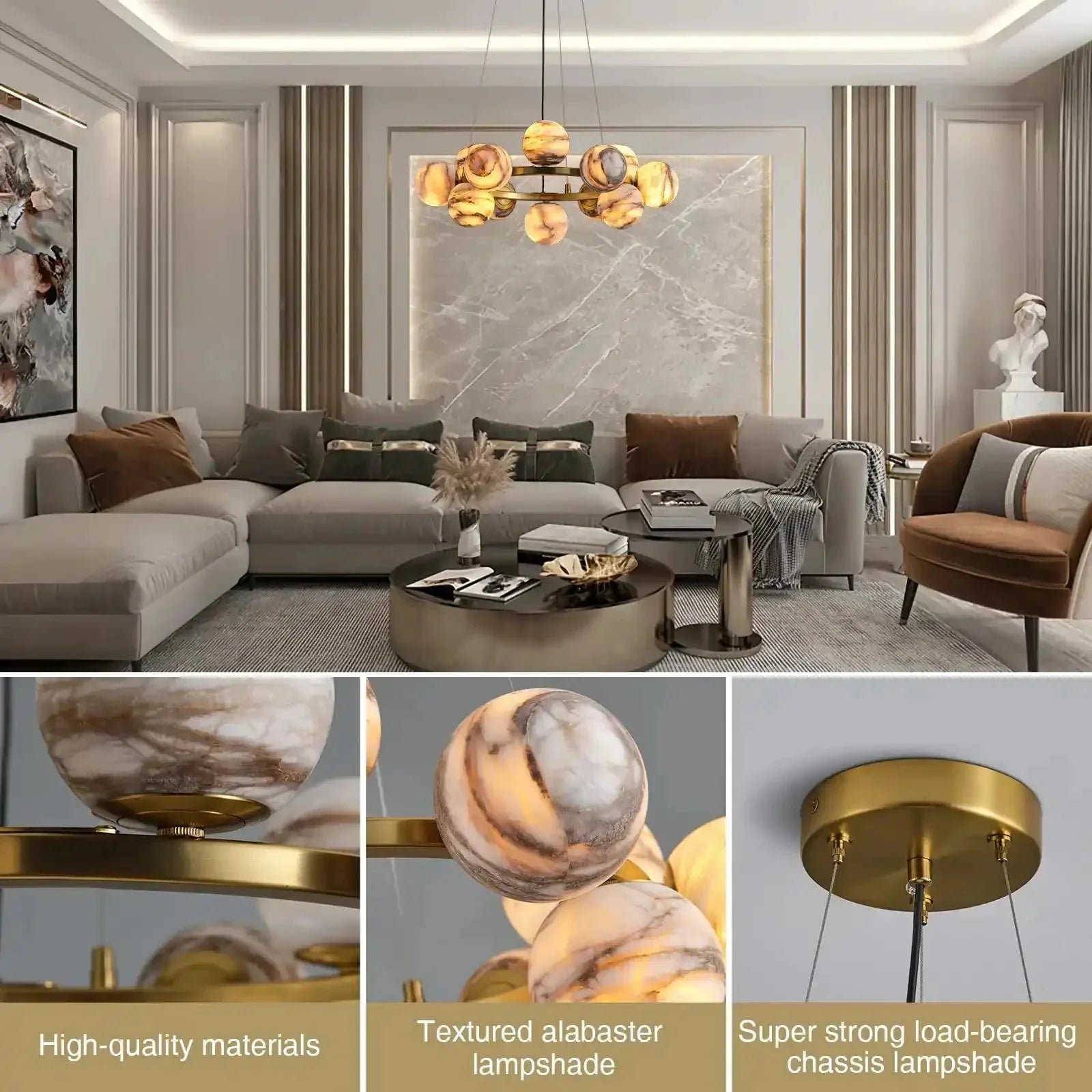 Mid Century Modern Sputnik 12 Light Gold Alabaster Globe Chandelier