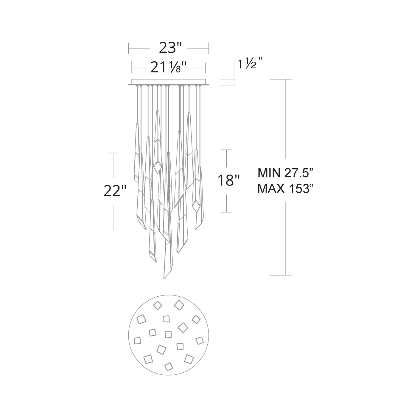 Solitude Round LED Multi Chandelier - line drawing.