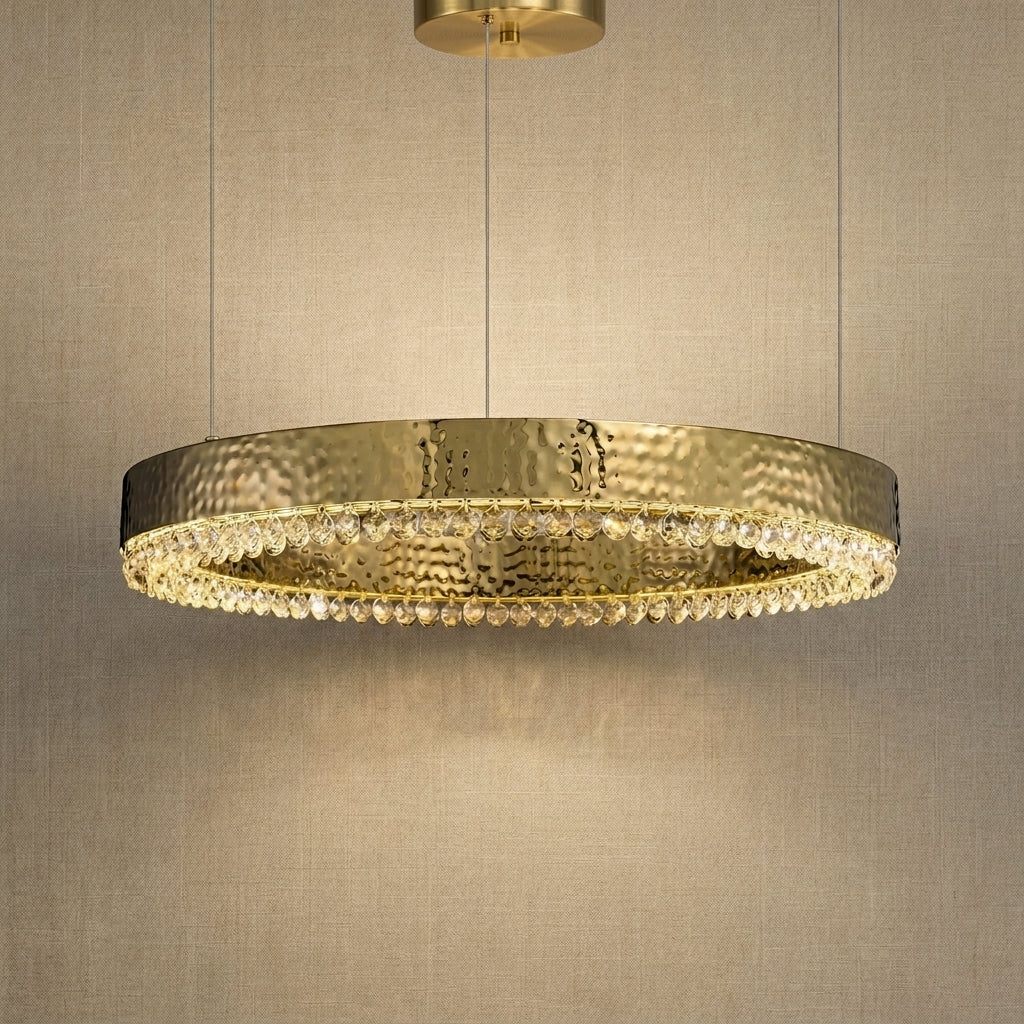 Yiosi 39 inch single hammered champagne gold ring crystal chandelier — modern dining pendant