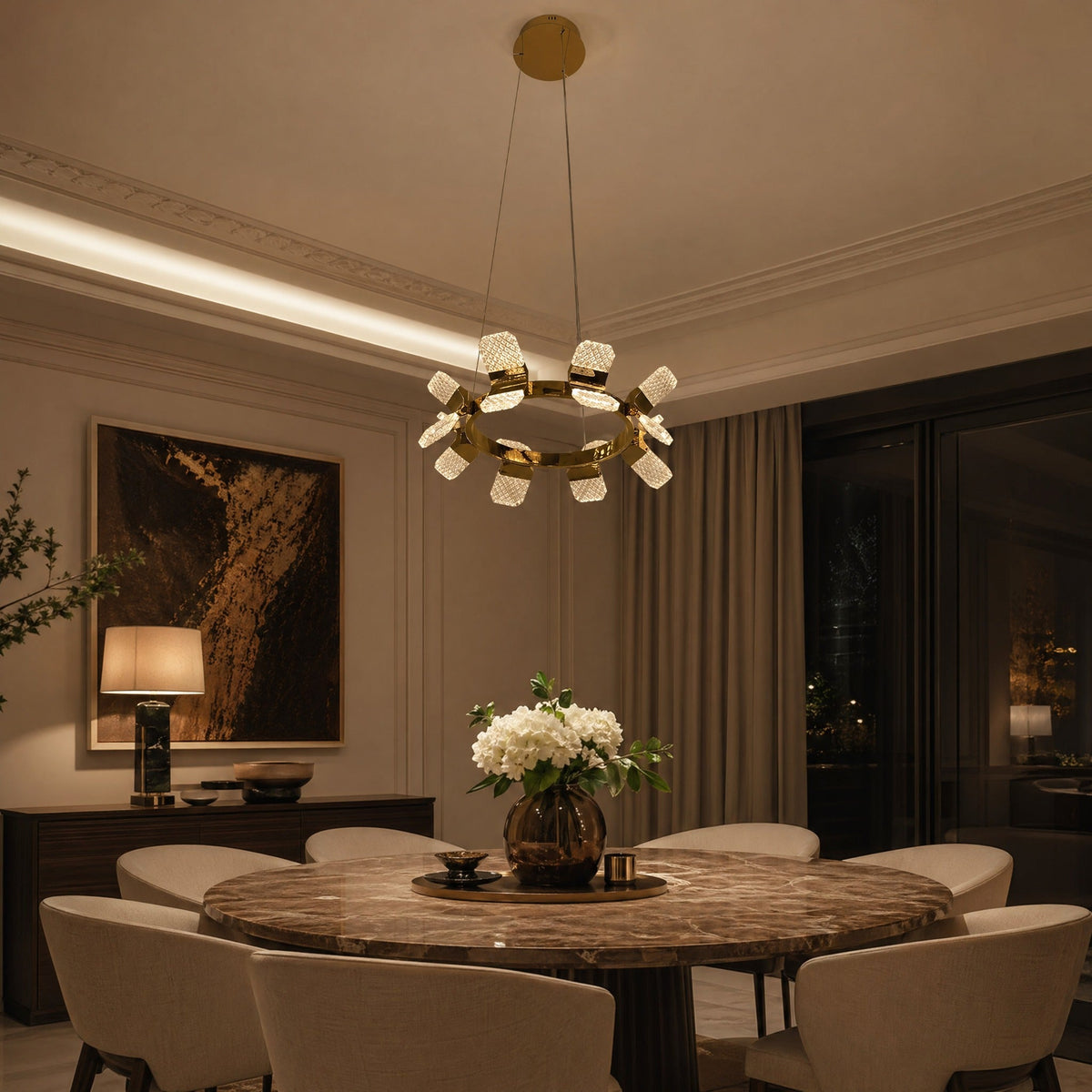 Detail of the sculpted metal with champagne gold finish