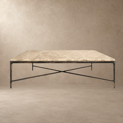 Happyarcadian Square Hammered Metal and Marble Coffee Table