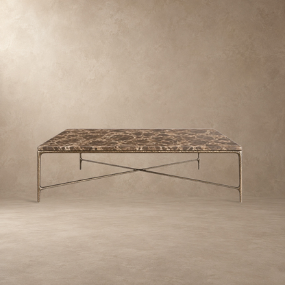 Happyarcadian Square Hammered Metal and Marble Coffee Table