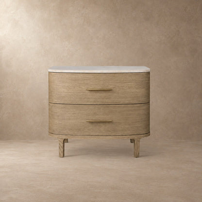 Two-Drawer Marble Top Bedside Table With Brass Pulls