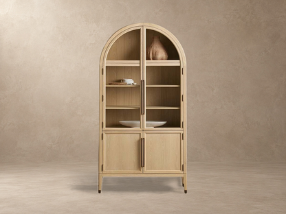 Tall Oak Display Cabinet with Glass Doors