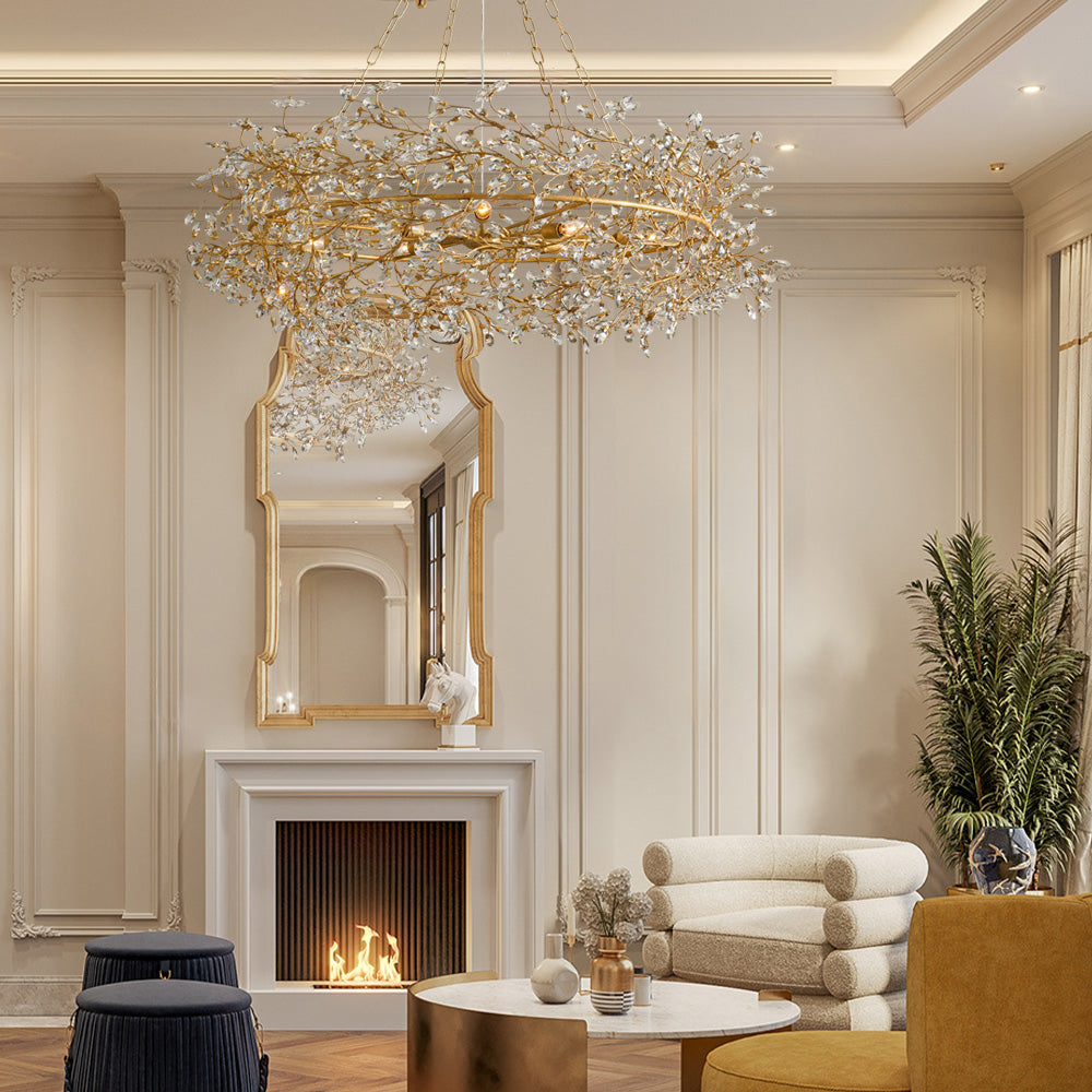 Faverelle chandelier in gold hanging in a living room above a fireplace