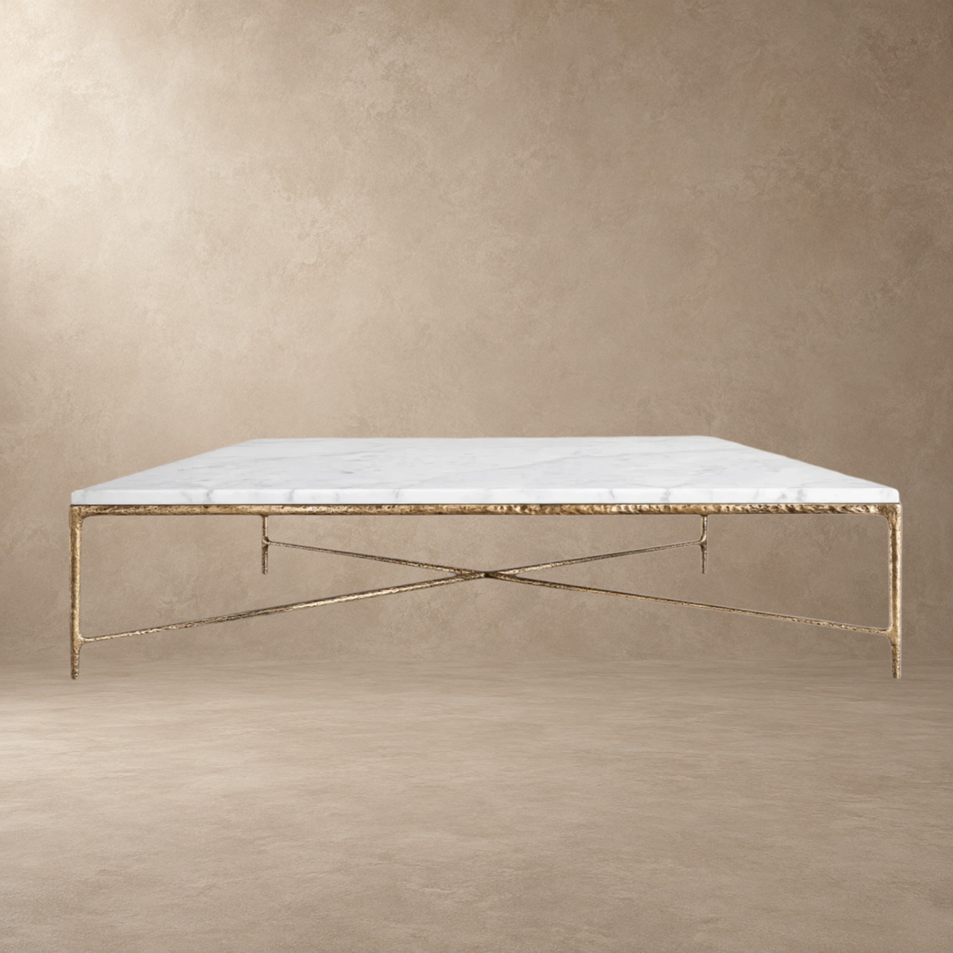 Happyarcadian Square Hammered Metal and Marble Coffee Table