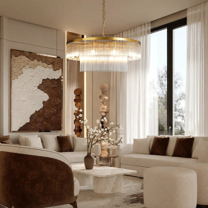 Two-Tier Striped Column Round Pendant D800 - Gold