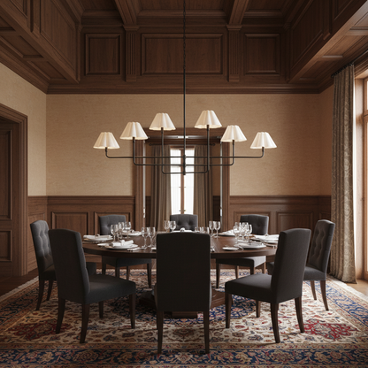 Luster Gaze Sculptural Linen Bloom Chandelier - formal American dining room with high ceiling