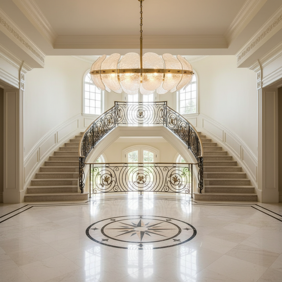 Luster Gaze Veridian Bloom Heritage Brass Chandelier - grand American foyer with two-story ceiling