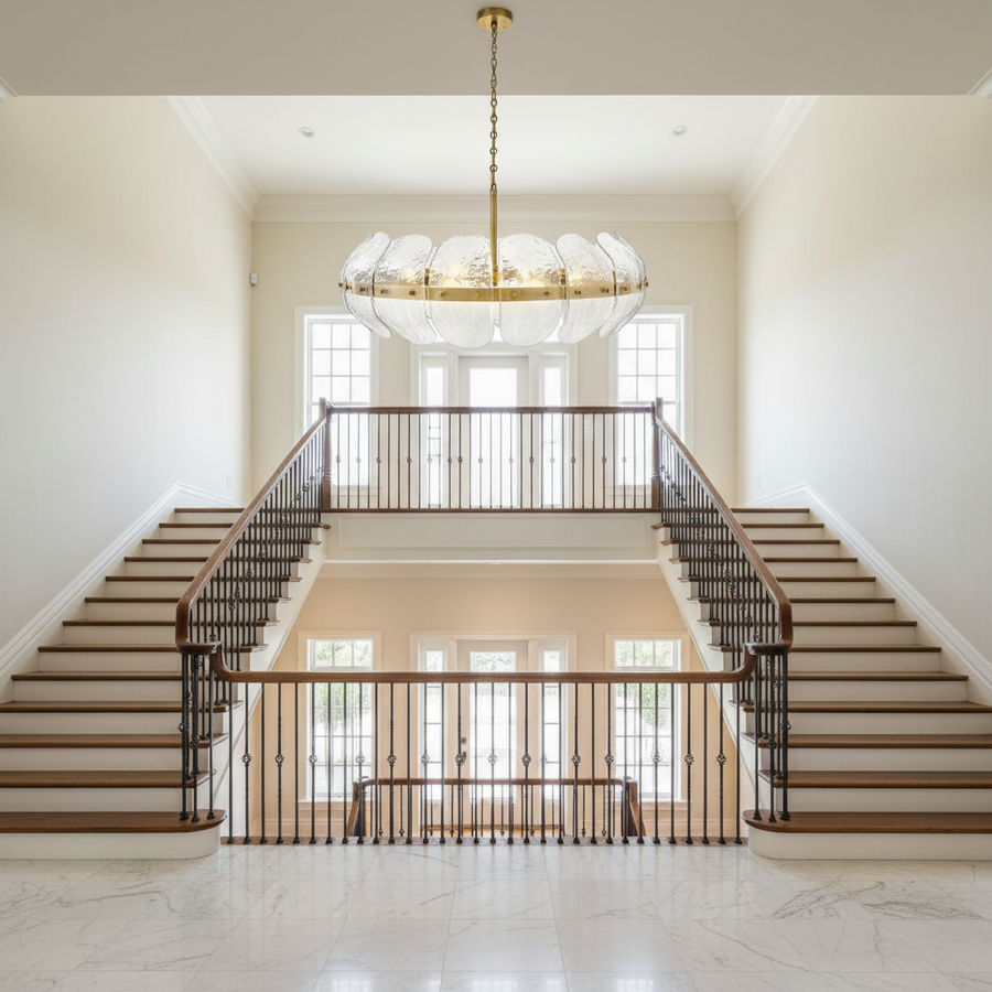 Luster Gaze Veridian Bloom Heritage Brass Chandelier - dramatic American stairwell with soaring ceiling