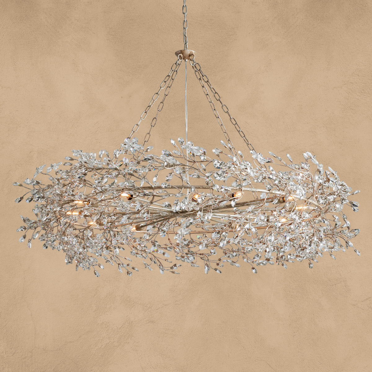 Faverelle chandelier in silver with crystal florals, full view