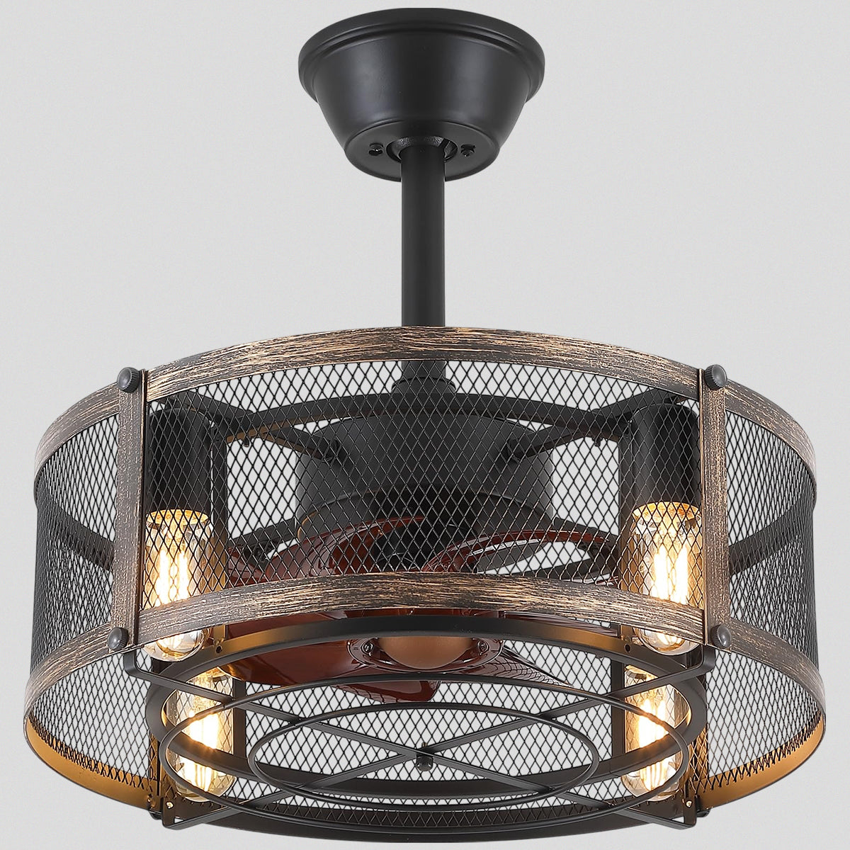 Iron Cage Country Wood Grain Black Ceiling Fan Light 18"