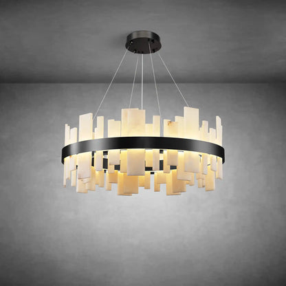 Alabaster Round Chandelier, Natural Spanish Stone Texture Chandeliers, 31.5" Adjustable Alabaster Chandelier Over Table for Living Room, Bedroom, Hallway – Modern Luxury Ceiling Lighting