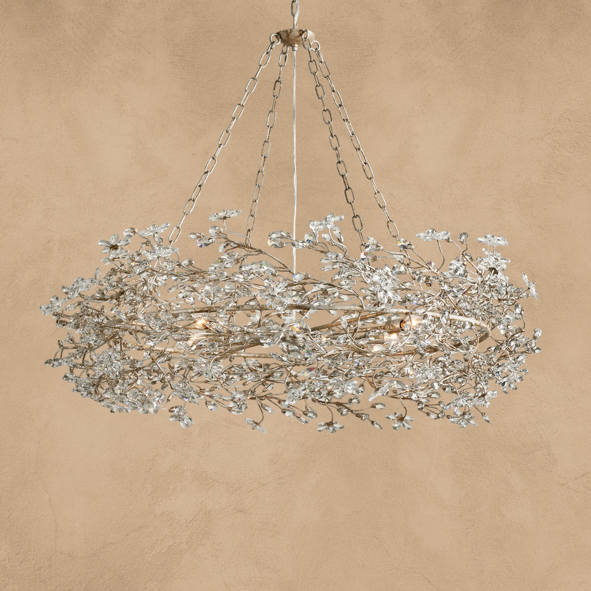 Faverelle chandelier in silver with crystal florals, three-quarter view