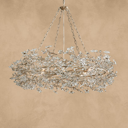 Faverelle chandelier in silver with crystal florals, three-quarter view